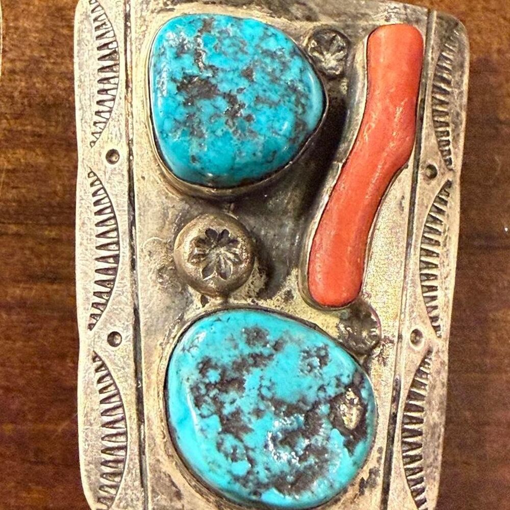 Vintage Zuni bolo, sterling silver with turquoise and coral inlay